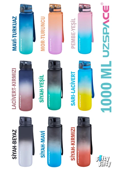 Uzspace FiftyFifty 1000ml BÜYÜK BOY Çift Renk Softtouch FF Collection Tritan Su Matarası - 7