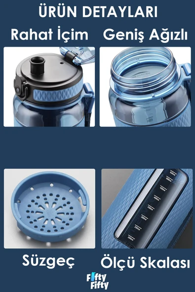 Uzspace FiftyFifty 1100ml -MEGA BÜYÜK BOY- Tritan Su Matarası Silikon Korumalı Kaydırmaz Gövde - 5