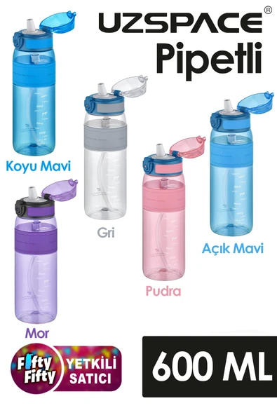 Uzspace FiftyFifty Pipetli(ısırılamaz) 600 ml Silikon Gövde Tritan Su Matarası