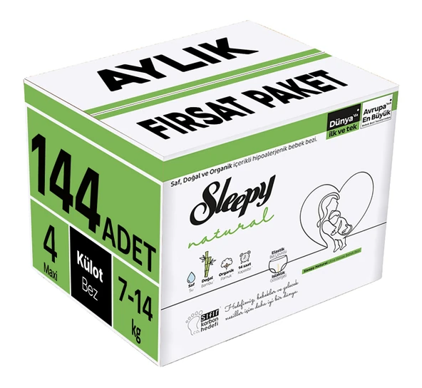 Sleepy Külot Bebek Bezi Natural Beden:4 (7-14KG) Maxi 144 Adet Aylık Fırsat Pk