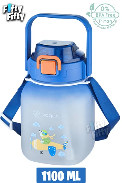 Vagonlife Tritan 1100 Ml Çocuk Askılı-Pipetli/Pipetsiz Kullanım Su Matarası-Çıkartma Hediyeli - 2