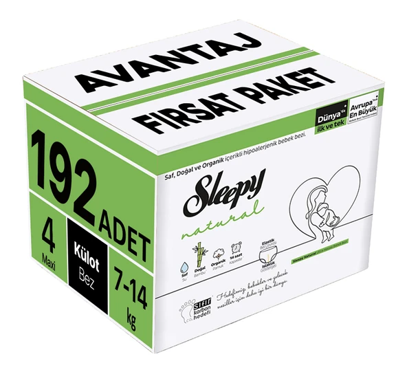 Sleepy Külot Bebek Bezi Natural Beden:4 (7-14KG) Maxi 192 Adet Avantaj Fırsat Pk