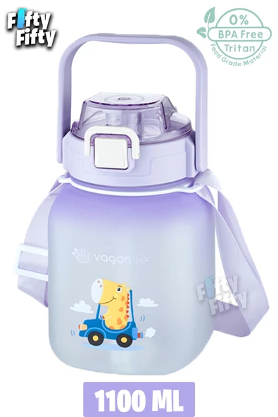 Vagonlife Tritan 1100 Ml Çocuk Askılı-Pipetli/Pipetsiz Kullanım Su Matarası-Çıkartma Hediyeli - 5