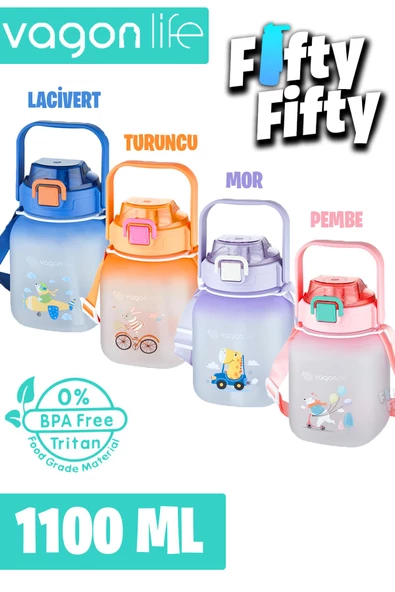 Vagonlife Tritan 1100 Ml Çocuk Askılı-Pipetli/Pipetsiz Kullanım Su Matarası-Çıkartma Hediyeli - 7