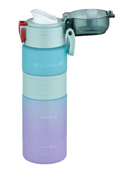 Vagonlife Çift Renk 600ml  Kaydırmaz Silikon Gövde Rahat İçim-Pipetsiz- Motivasyon Su Matarası - 11