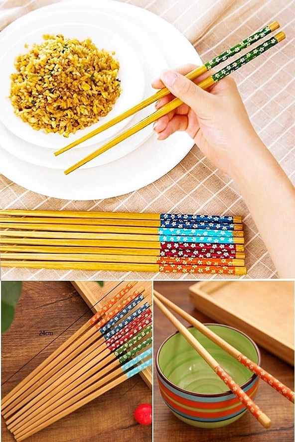 Bambu ChopIşıklar Çubuk Yemek Çubuğu Yıkanabilir Tekrar Kullanılabilir (10 Çift- 20 Adet )