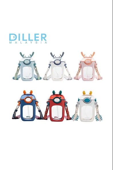 DILLER Pipetli 400ml -3 Farklı Renk- Boyun Askılı Tritan Su Matarası-Temizleme Fırçası Hediyeli-