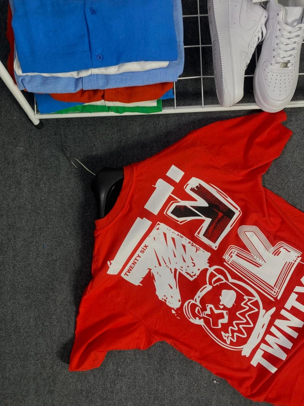 POISHOPS Erkek Kırmızı Baskılı Oversize Tişört - 2