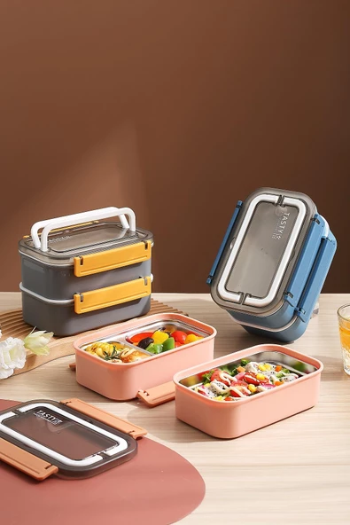 Vagonlife Bento Lunch Box Ofis-Okul İçin Yeni Nesil Sefer Tası Çift Kat 4 bölme Paslanmaz Çelik F494 - 7