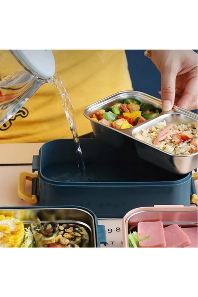 Vagonlife 1400 ML Bento Lunch Box Ofis-Okul İçin Yeni Nesil Sefer Tası 2 kat Taşıma Kulplu Çelik FF 363-7 - 7