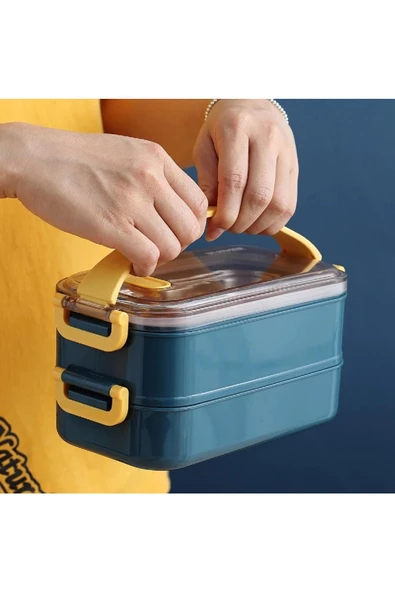 Vagonlife 1400 ML Bento Lunch Box Ofis-Okul İçin Yeni Nesil Sefer Tası 2 kat Taşıma Kulplu Çelik FF 363-7 - 6