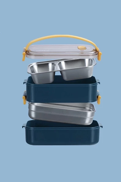 Vagonlife 1400 ML Bento Lunch Box Ofis-Okul İçin Yeni Nesil Sefer Tası 2 kat Taşıma Kulplu Çelik FF 363-7 - 4