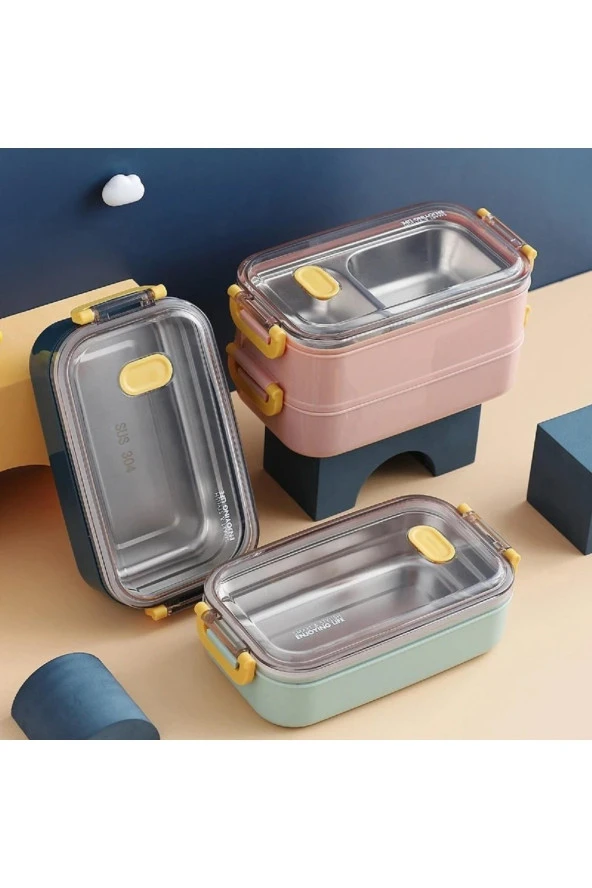 Vagonlife Bento Lunch Box Ofis-Okul İçin Yeni Nesil Sefer Tası 2 kat Taşıma Kulplu Çelik FF367