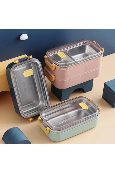 Vagonlife 1400 ML Bento Lunch Box Ofis-Okul İçin Yeni Nesil Sefer Tası 2 kat Taşıma Kulplu Çelik FF 363-7 - 3