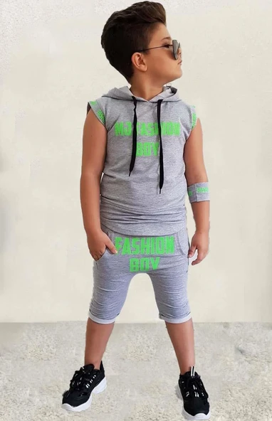 Erkek Çocuk Fashıon Boy Yazı Baskılı Kapişonlu Kolsuz Sweatshirt Gri Şortlu Takım - Resim 2