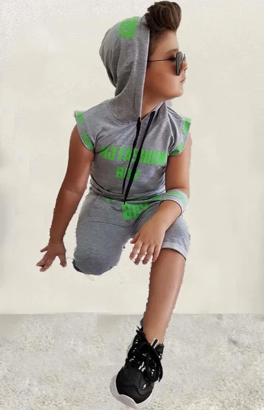 Erkek Çocuk Fashıon Boy Yazı Baskılı Kapişonlu Kolsuz Sweatshirt Gri Şortlu Takım - Resim 5