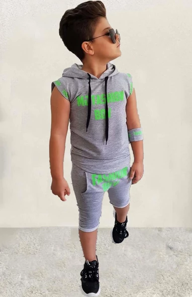 Erkek Çocuk Fashıon Boy Yazı Baskılı Kapişonlu Kolsuz Sweatshirt Gri Şortlu Takım - 3