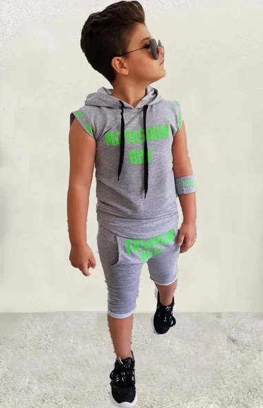 Erkek Çocuk Fashıon Boy Yazı Baskılı Kapişonlu Kolsuz Sweatshirt Gri Şortlu Takım - Resim 3