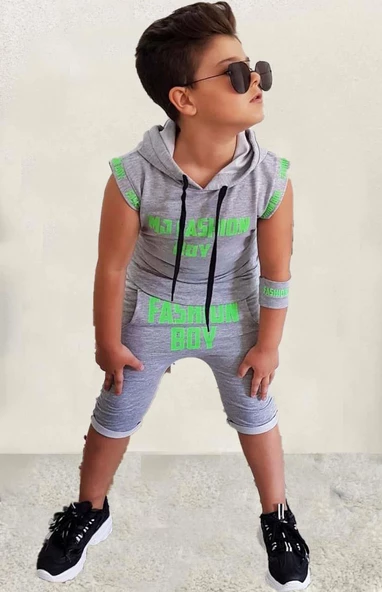 Erkek Çocuk Fashıon Boy Yazı Baskılı Kapişonlu Kolsuz Sweatshirt Gri Şortlu Takım - 4