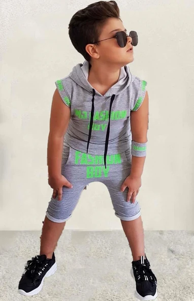 Erkek Çocuk Fashıon Boy Yazı Baskılı Kapişonlu Kolsuz Sweatshirt Gri Şortlu Takım - Resim 4