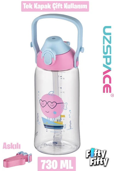 Uzspace 730ml Tritan Tek Kapak Çift Kullanım Pipetli/Pipetsiz Askı Aparatlı Tritan Çocuk Su Matarası - 11