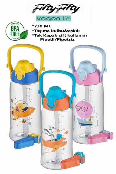 Uzspace 730ml Tritan Tek Kapak Çift Kullanım Pipetli/Pipetsiz Askı Aparatlı Tritan Çocuk Su Matarası