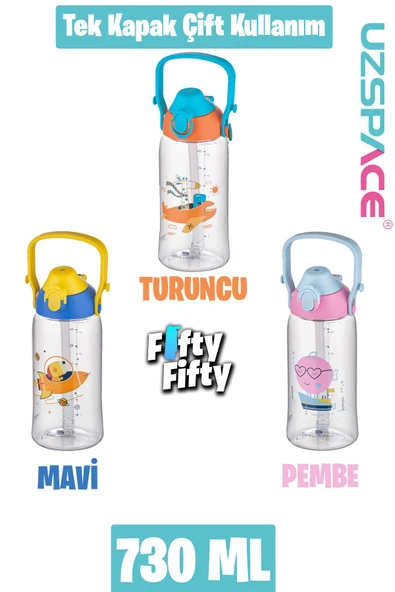 Uzspace 730ml Tritan Tek Kapak Çift Kullanım Pipetli/Pipetsiz Askı Aparatlı Tritan Çocuk Su Matarası