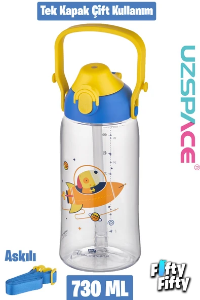 Uzspace 730ml Tritan Tek Kapak Çift Kullanım Pipetli/Pipetsiz Askı Aparatlı Tritan Çocuk Su Matarası - 2