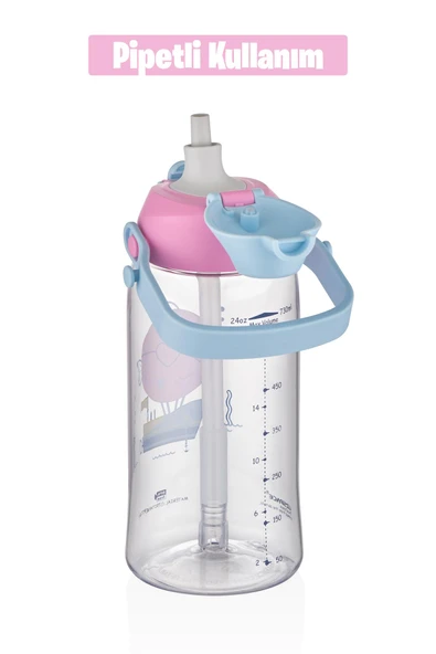 Uzspace 730ml Tritan Tek Kapak Çift Kullanım Pipetli/Pipetsiz Askı Aparatlı Tritan Çocuk Su Matarası - 12