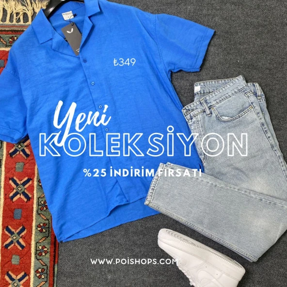 POISHOPS Erkek Keten Gömlek Kısa Kol Saks Mavi