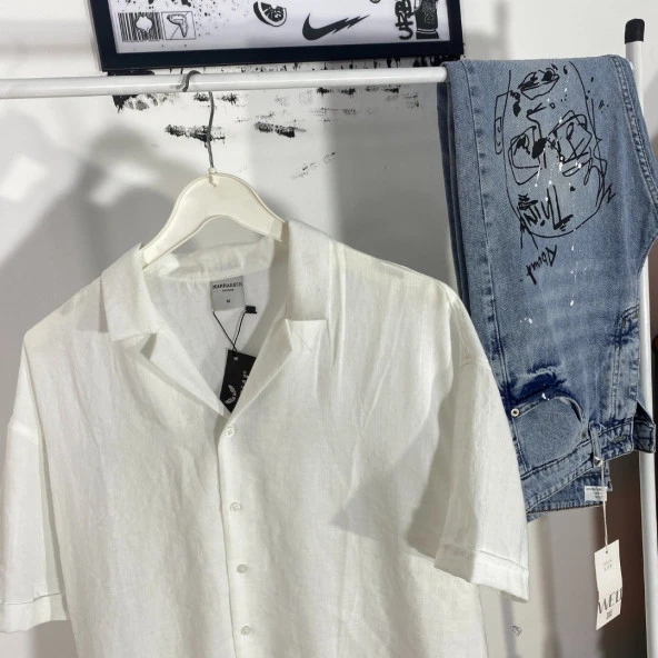 POISHOPS Erkek Oversize Kısa Kol Keten Gömlek - 2