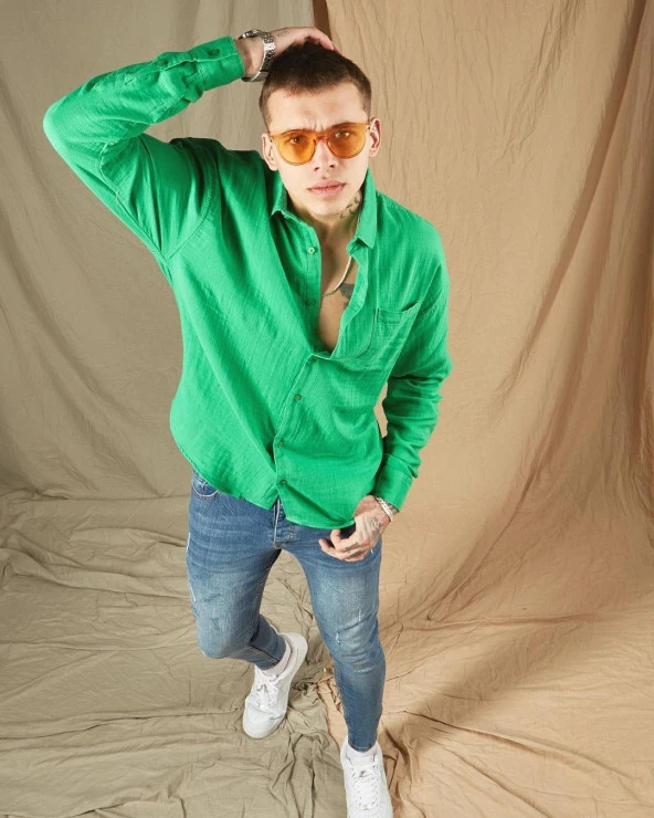 POI Erkek Yeşil Uzun Kol Krinkıl Gömlek - 2