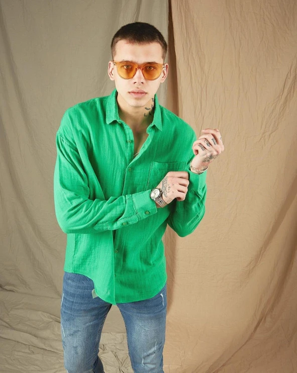 POI Erkek Yeşil Uzun Kol Krinkıl Gömlek - 3