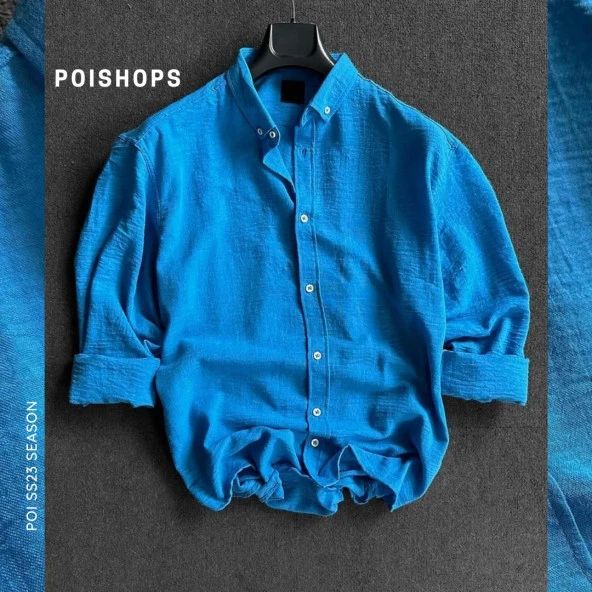 POISHOPS Erkek İnce Keten Oversize Mavi Gömlek