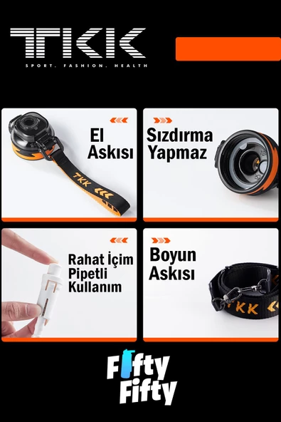 TKK 1000 ML Çift Kullanım Pipetli/Rahat içim Bpa İçermeyen Askılı Tritan Su Matarası FFTKK1022-1000 - 7