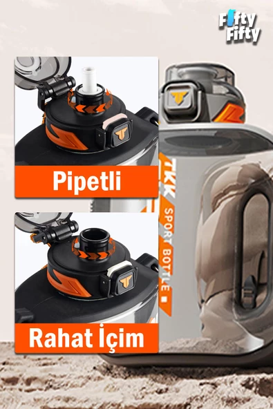 TKK 1000 ML Çift Kullanım Pipetli/Rahat içim Bpa İçermeyen Askılı Tritan Su Matarası FFTKK1022-1000 - 6