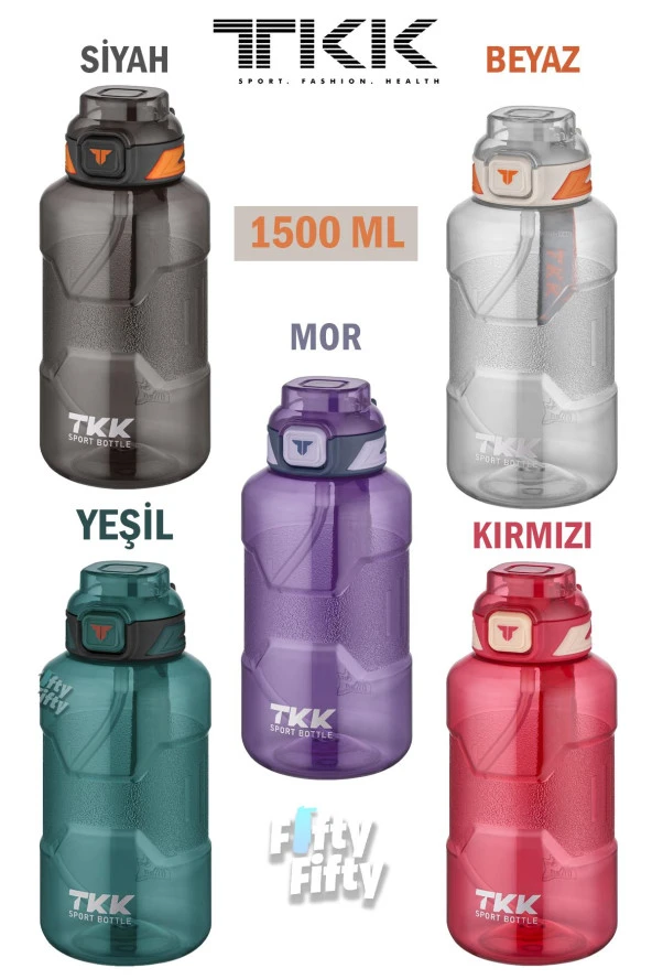 TKK 1500 ML Çift Kullanım Pipetli/Rahat içim Bpa İçermeyen Askılı Tritan Su Matarası FFTKK1021-1500