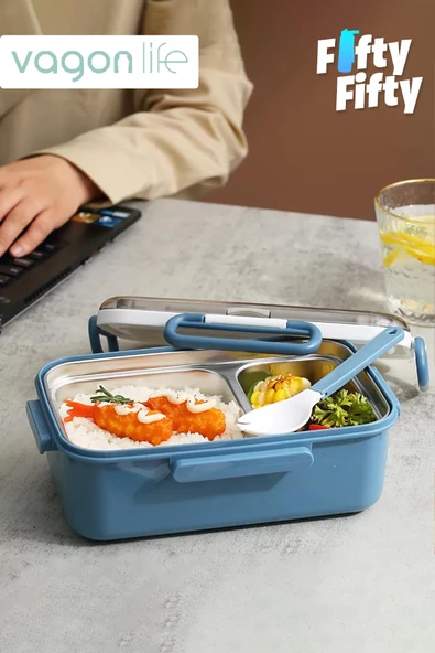 Vagonlife Tek Kat Çift Bölme Bento Lunch Box Ofis-Okul İçin Yeni Nesil Sefer Tası Paslanmaz Çelik 588 - 11