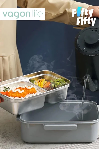 Vagonlife Tek Kat Çift Bölme Bento Lunch Box Ofis-Okul İçin Yeni Nesil Sefer Tası Paslanmaz Çelik 588 - 6