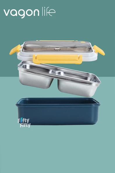 Vagonlife Bento Lunch Box Ofis-Okul İçin Yeni Nesil Sefer Tası Tek Kat 3 Bölme Çatal Ve Kaşıklı -Paslanmaz Çelik FF528 - 11