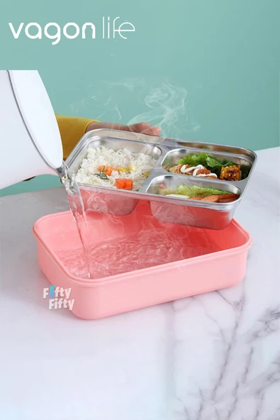 Vagonlife Bento Lunch Box Ofis-Okul İçin Yeni Nesil Sefer Tası Tek Kat 3 Bölme Çatal Ve Kaşıklı -Paslanmaz Çelik FF528 - 12