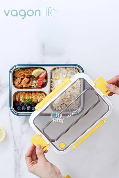 Vagonlife Bento Lunch Box Ofis-Okul İçin Yeni Nesil Sefer Tası Tek Kat 3 Bölme Çatal Ve Kaşıklı -Paslanmaz Çelik FF528 - 7