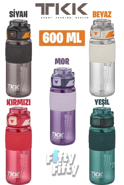 TKK 600 ML Çift Kullanım Pipetli/Rahat içim Bpa İçermeyen Taşıma Askılı Tritan Su Matarası FFTKK1019-600