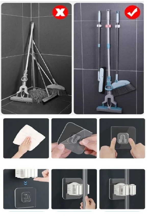 4 Lü Kelebek Yapışkanlı Mop Fırça Çekpas Sap Tutucu Organizer Banyo Düzenleyici - 4