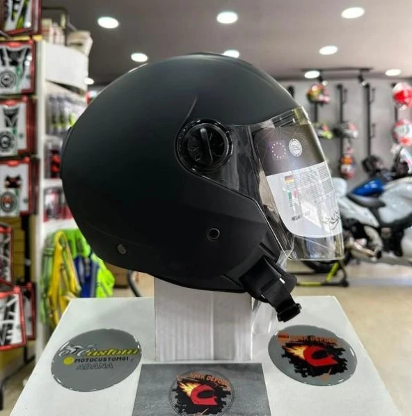 Sway 715 Şeffaf Vizörlü Yarım Motosiklet Scooter Kaskı XXL Beden Solid Mat Siyah - Resim 2