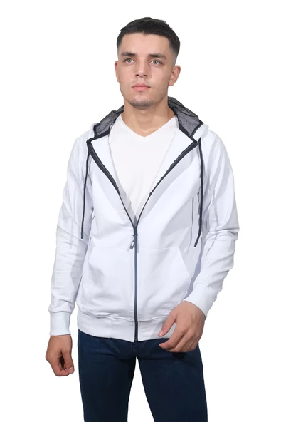 Erkek Basic Fermuarlı Beyaz Kapüşonlu Sweatshirt 131