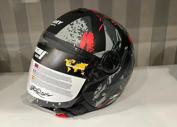 Sway 715 Şeffaf Vizörlü Yarım Motosiklet Scooter Kaskı S Beden Poison Black Grey Red - 3