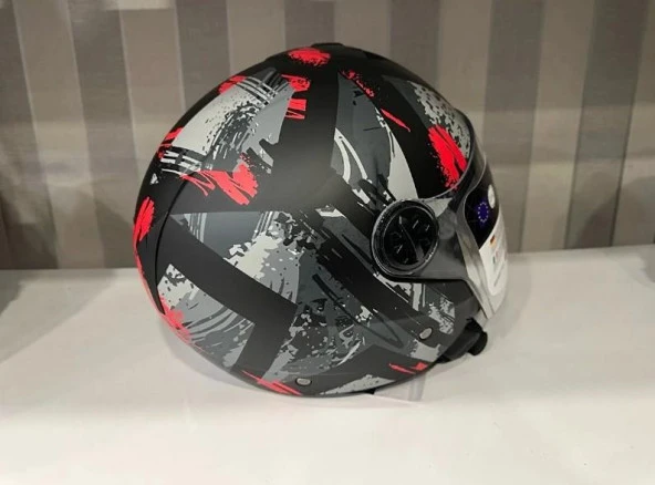 Sway 715 Şeffaf Vizörlü Yarım Motosiklet Scooter Kaskı S Beden Poison Black Grey Red - 4