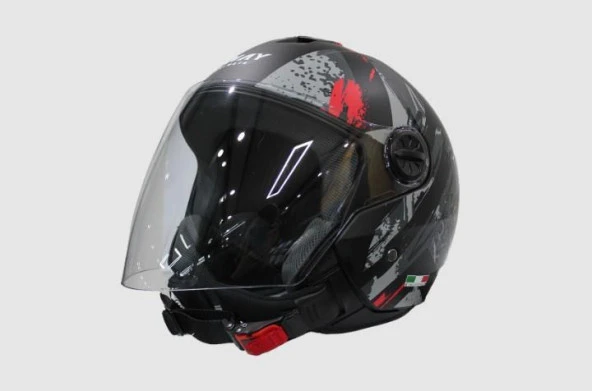 Sway 715 Şeffaf Vizörlü Yarım Motosiklet Scooter Kaskı S Beden Poison Black Grey Red - 7