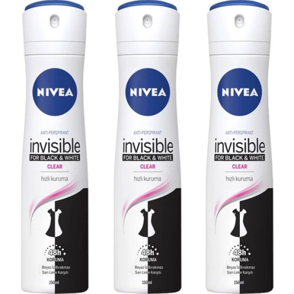 Nivea Invisible Black & White Clear Sprey Deodorant 150 ml x 3 Adet